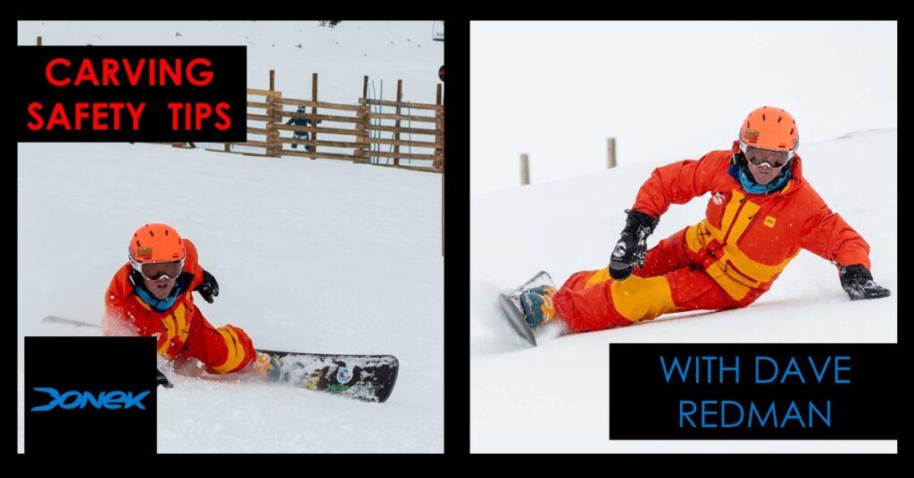 Rider in orange and red suit carving an alpine board on their heels and toes