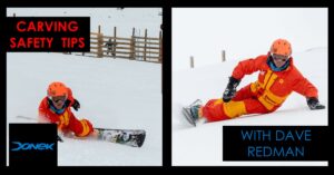 Rider in orange and red suit carving an alpine board on their heels and toes