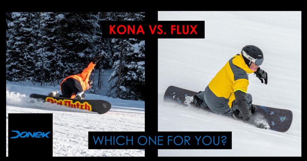 Snowboarders riding a Kona shape and Flux shape snowboard